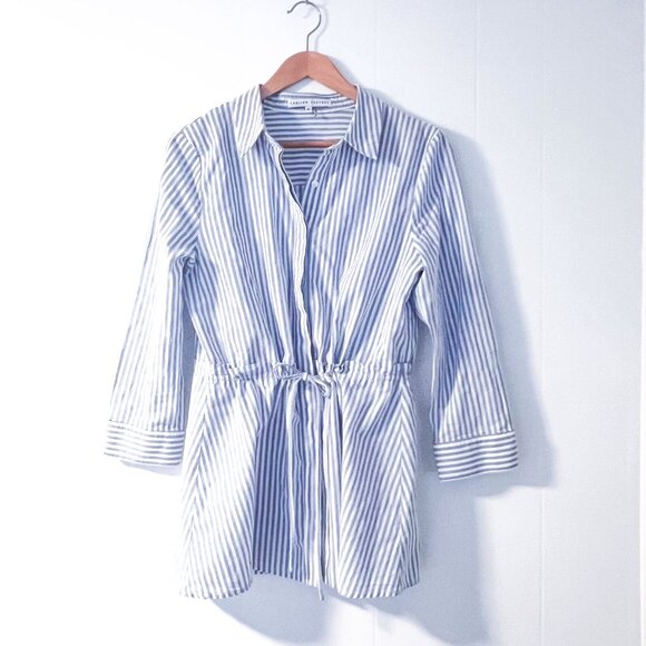 NEW English Factory Blue & White Striped Peplum Blouse with Drawstring Tie Waist - Picture 2 of 9